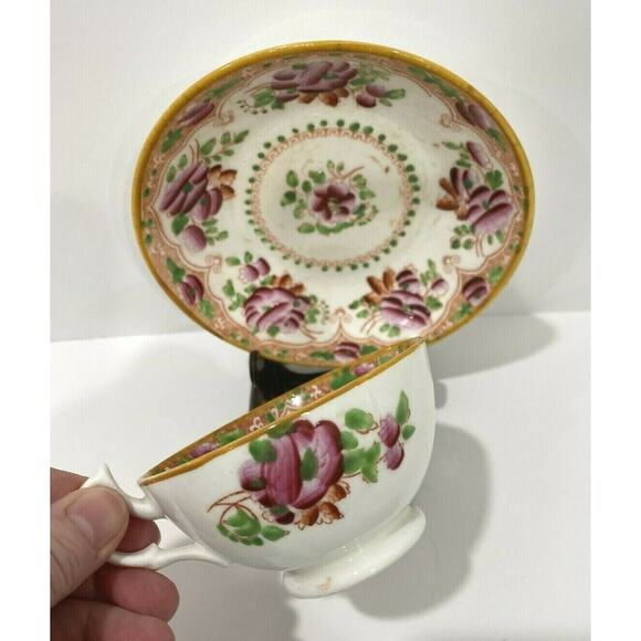 Gaudy Dutch Tea Cup & Saucer Set handpainted roses - Picture 3 of 9